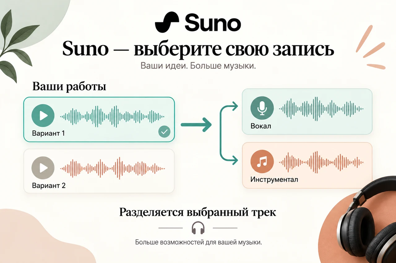 Suno — выбор своей записи и двух дорожек результата