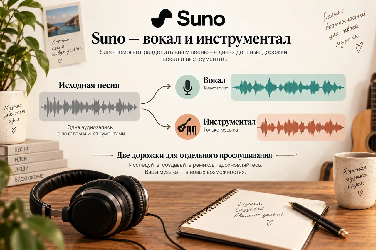 Suno — исходная песня, вокал и инструментал
