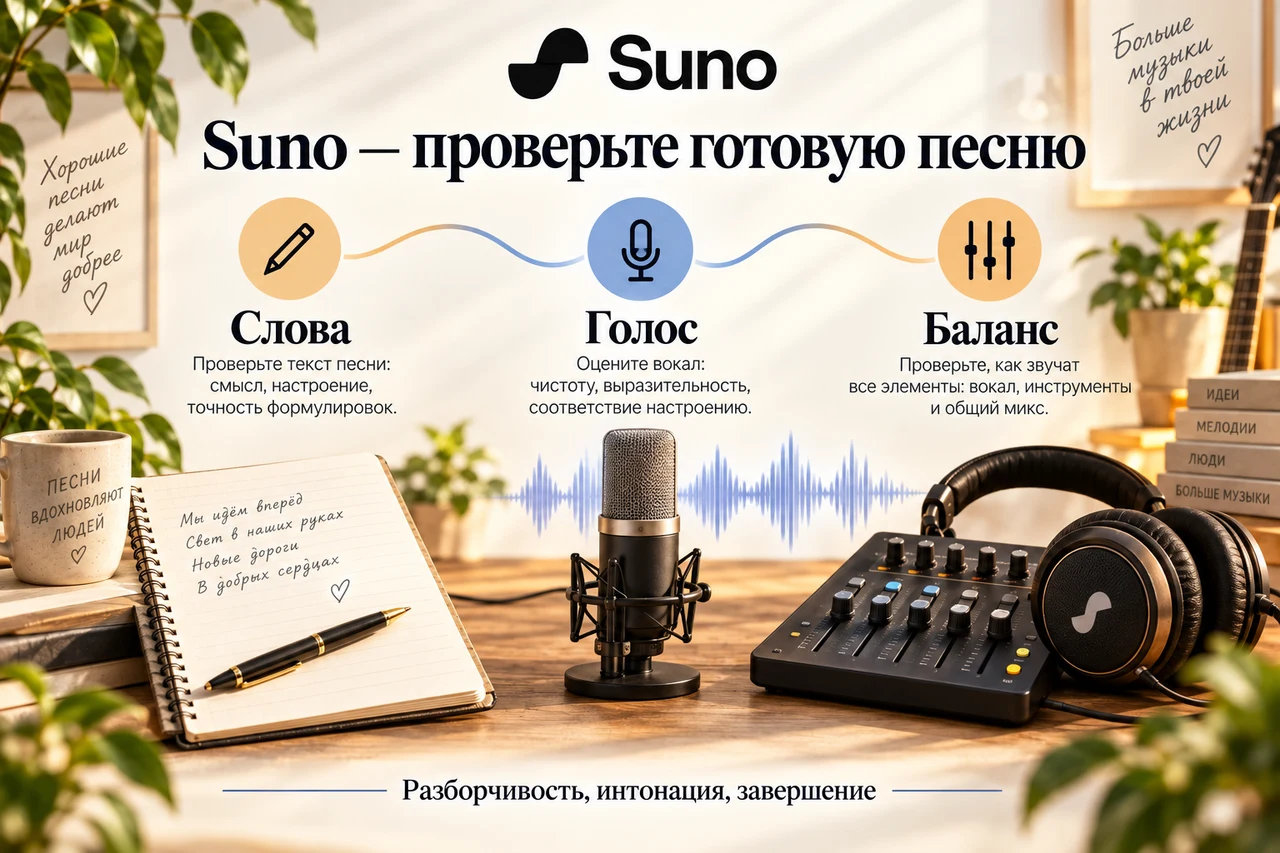 Suno — проверка слов, голоса и баланса готовой песни