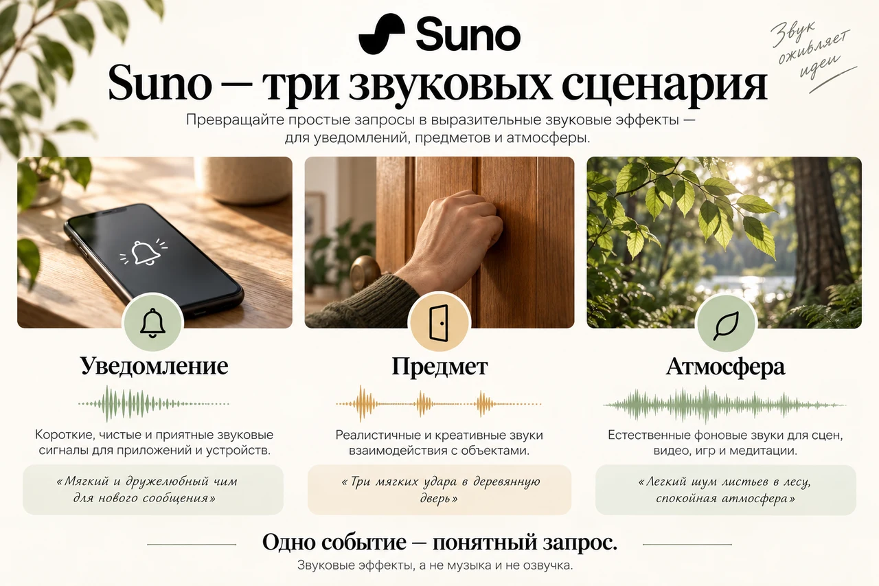 Suno — уведомление, предметный эффект и атмосфера