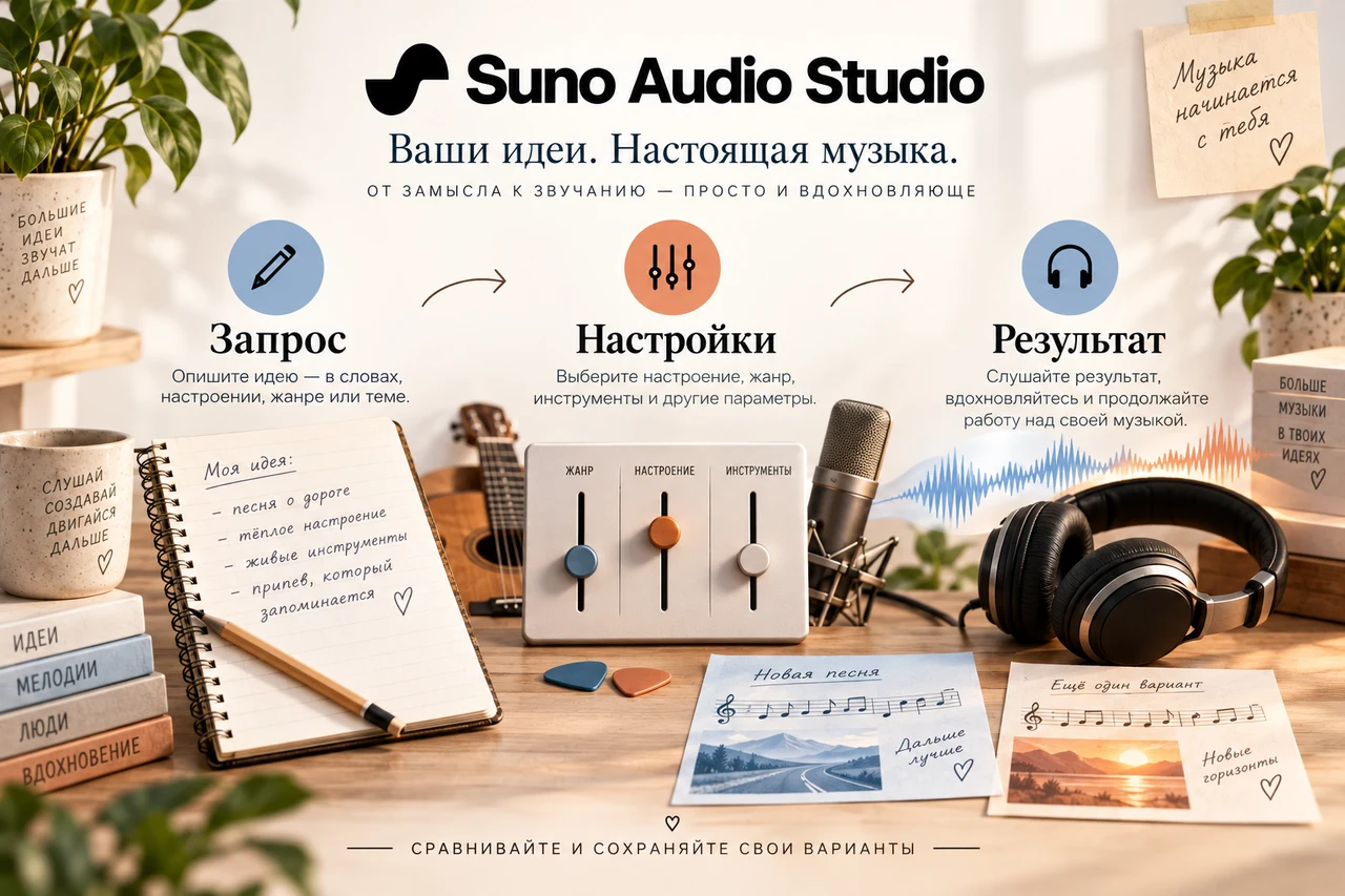 Suno Audio Studio — запрос, настройки и результат