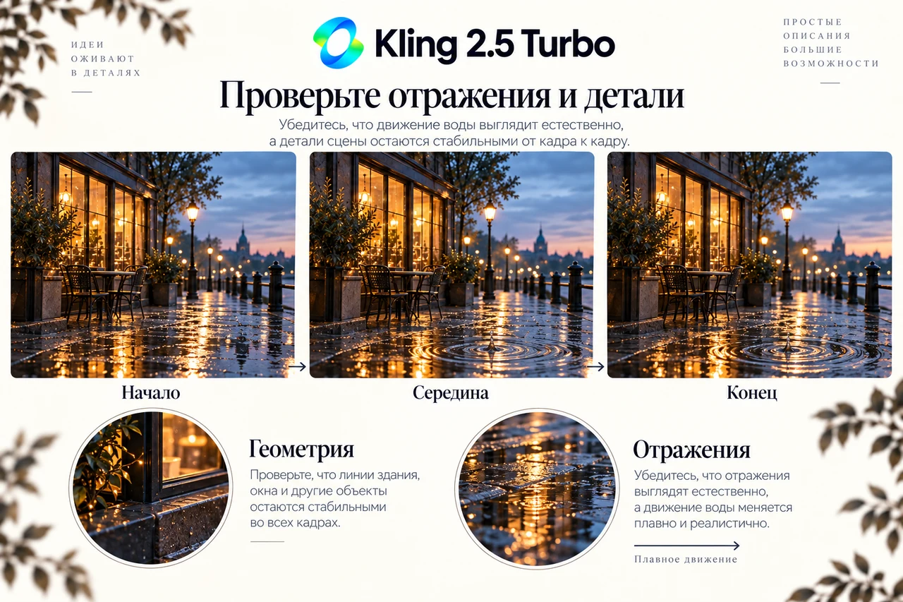 Kling 2.5 Turbo — проверка геометрии, отражений и движения