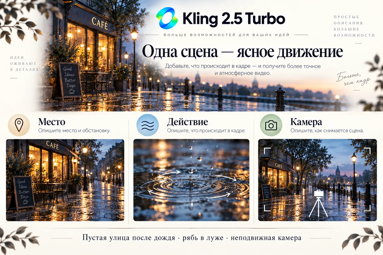 Kling 2.5 Turbo — место, действие и неподвижная камера