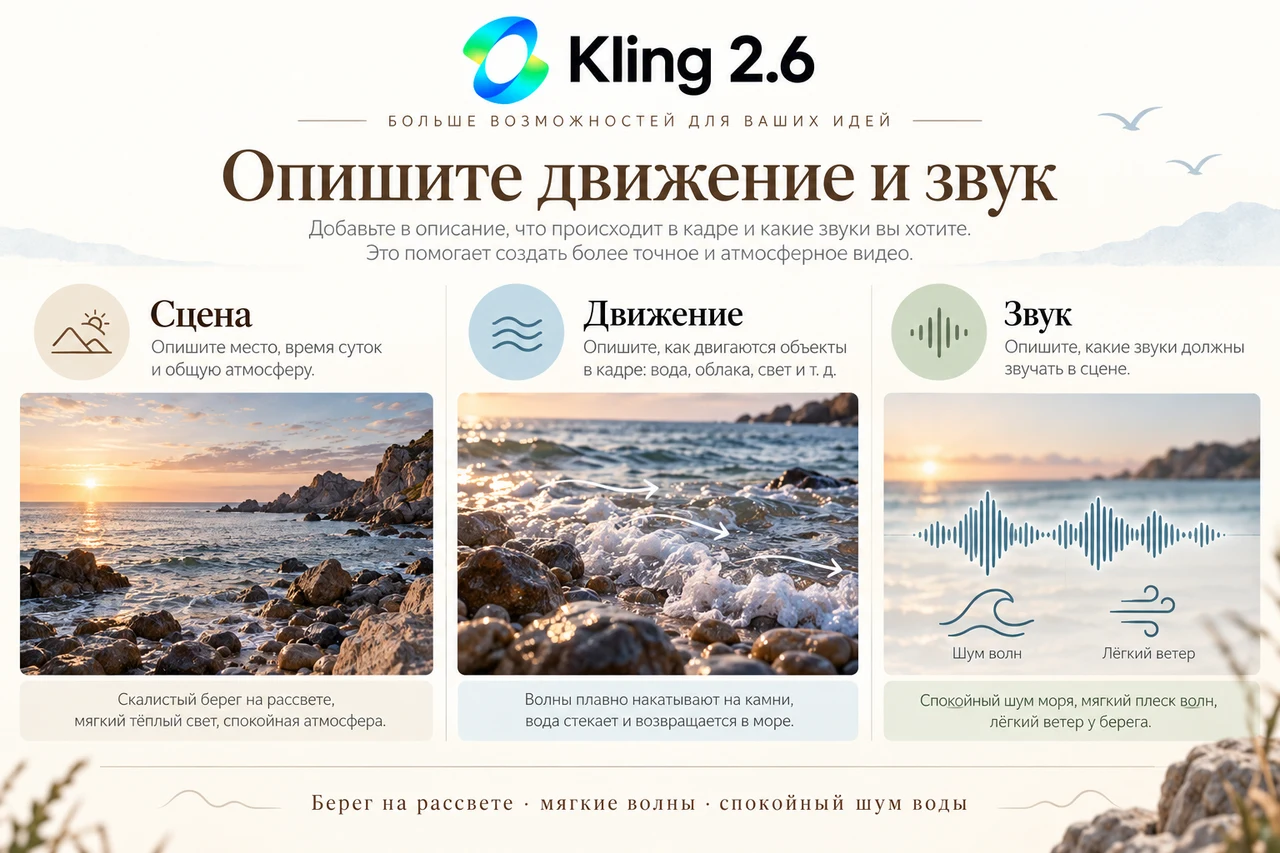 Kling 2.6 — описание сцены, движения волн и звука