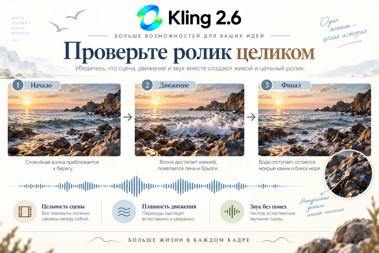 Kling 2.6 — проверка начала, движения, финала и звука