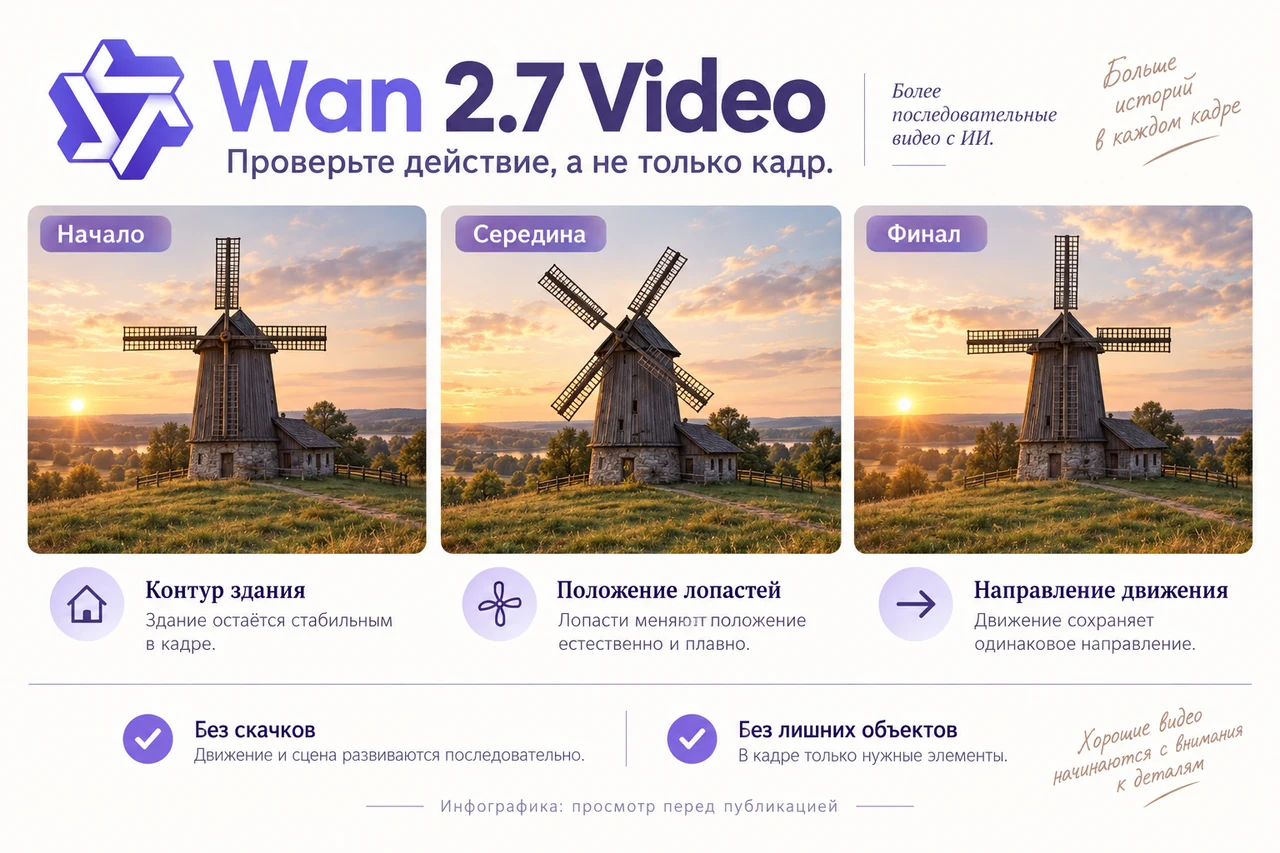 Wan 2.7 Video — проверка контура здания, лопастей и направления движения