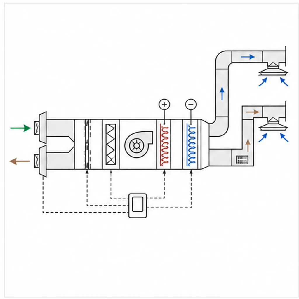 Вентиляция и HVAC: Воздуховоды, оборудование и направление потоков.