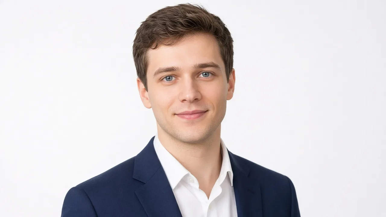 Дружелюбный LinkedIn. лёгкая закрытая улыбка, деловая одежда, светлый фон
