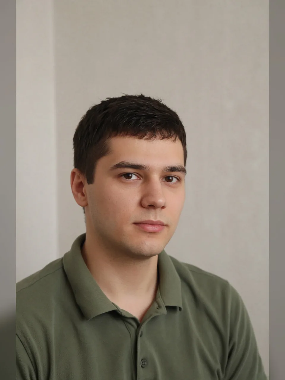 Молодой мужчина дома у кремовой стены в поло