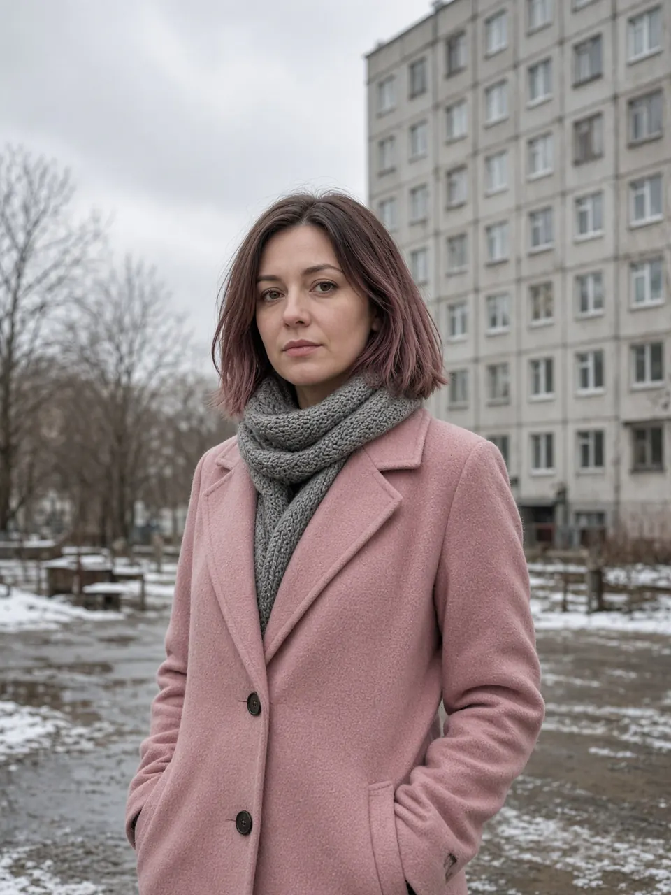 Зимний двор: женщина 34 лет в пыльно-розовом пальто у панелек