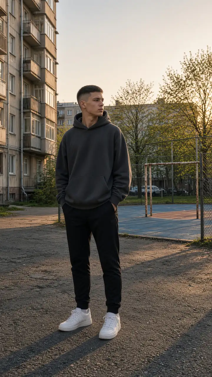 Спортплощадка во дворе: студент 19 лет в графитовом худи
