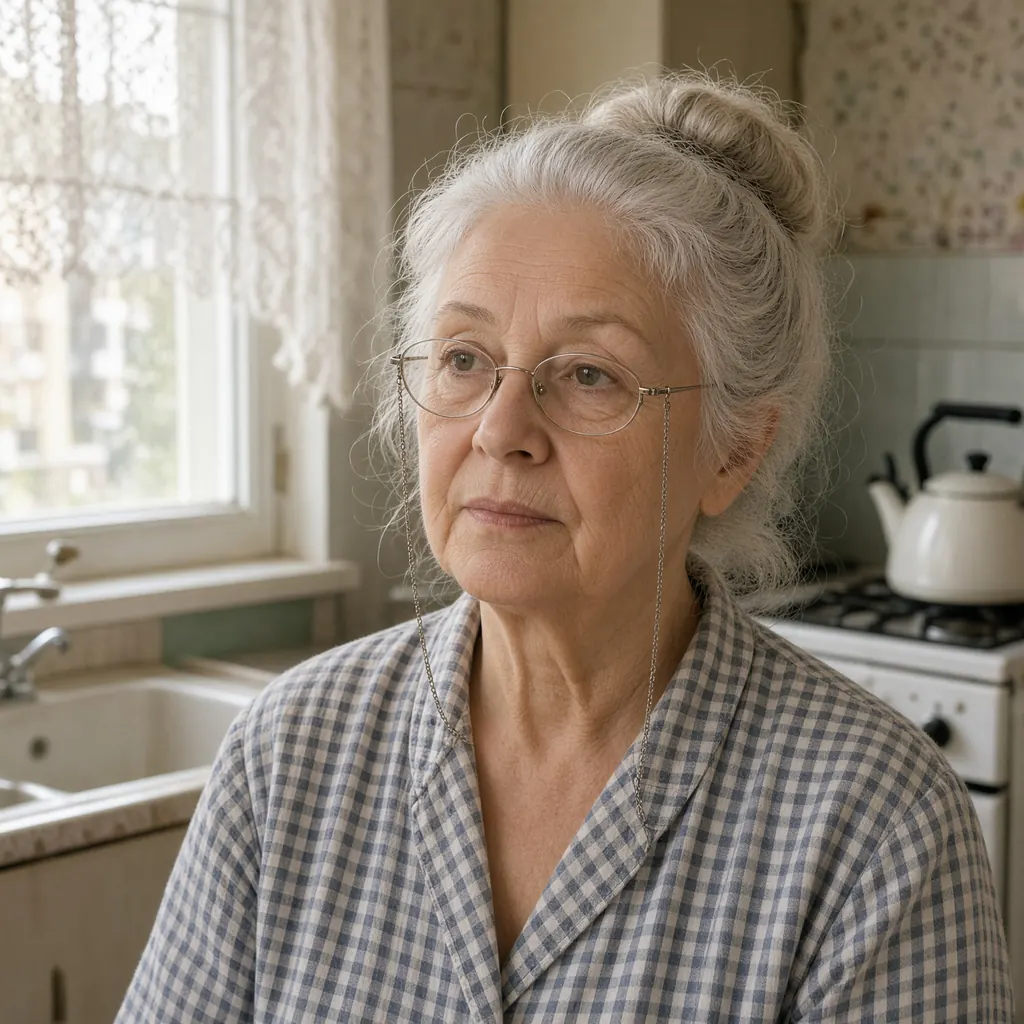 Кухня хрущёвки: женщина 69 лет в клетчатом халате
