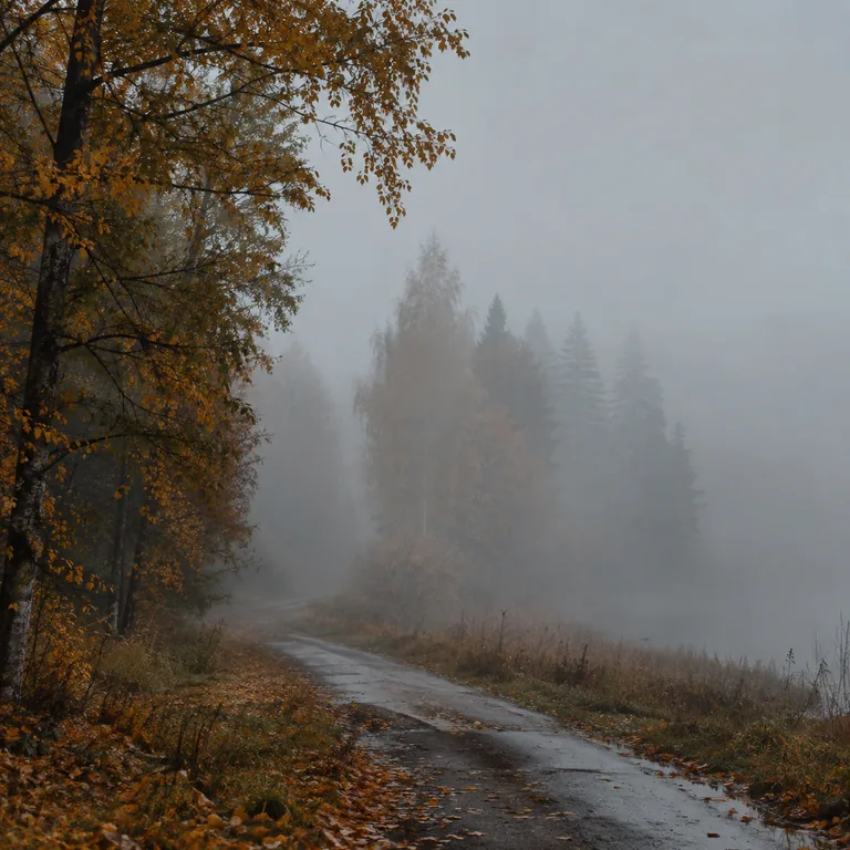 Осенний туман. густой туман, приглушённые силуэты, сырой воздух