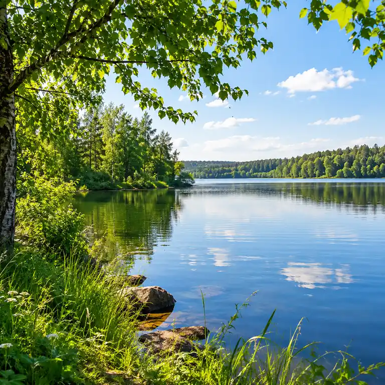 У озера. летняя гладь воды, отражения, яркая зелень берега
