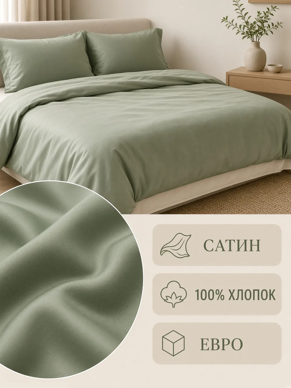 Карточка комплекта постельного белья для Wildberries с интерьерным контекстом