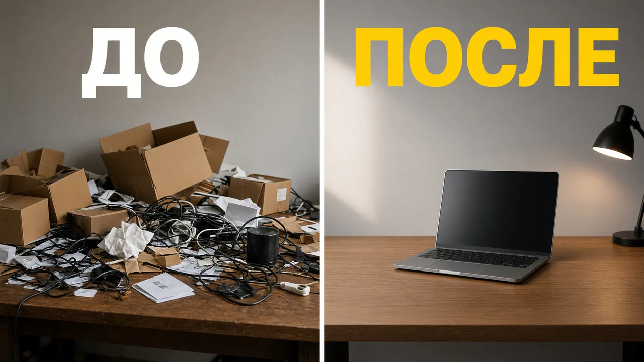 До и после. Вертикальный сплит 16:9, крупно «ДО» и «ПОСЛЕ»