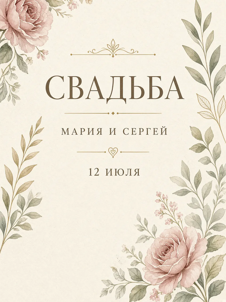 Свадьба: вертикальная кремовая открытка для Марии и Сергея