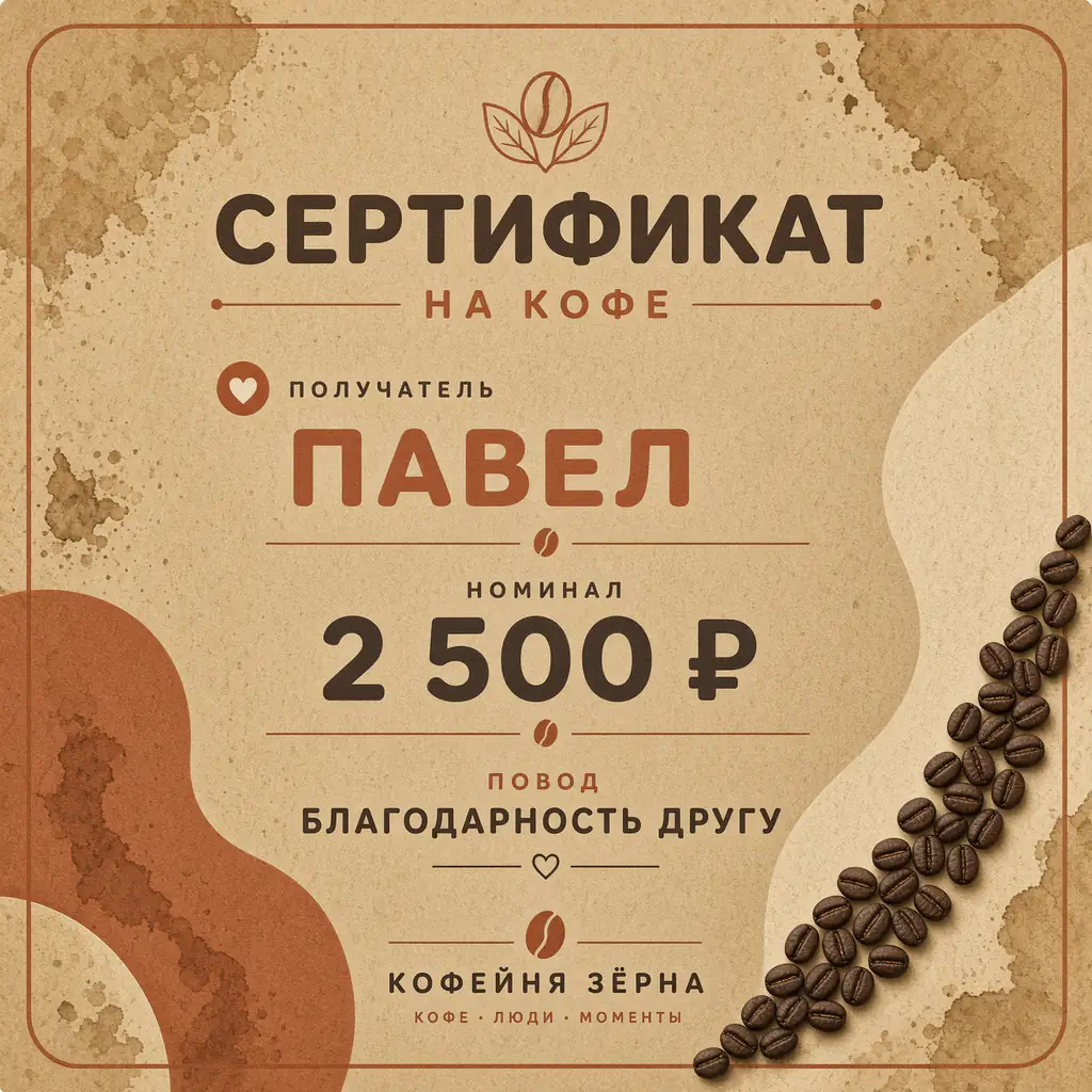 Кофейня: квадратный крафт-сертификат для Павла