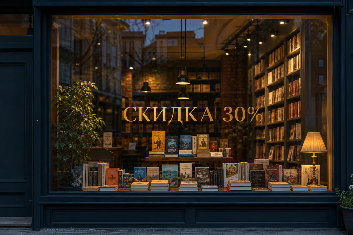 Книжная витрина с золотой надписью СКИДКА 30 процентов