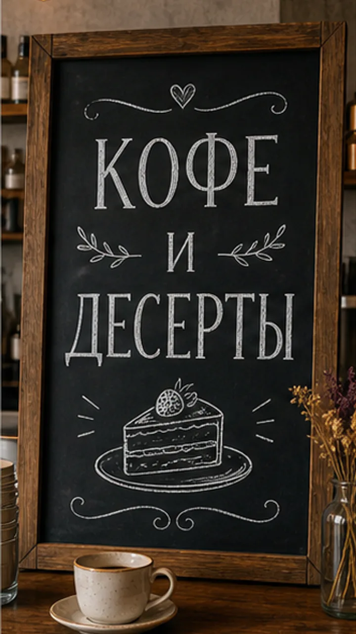 Меловое меню кафе с текстом КОФЕ И ДЕСЕРТЫ до редактирования