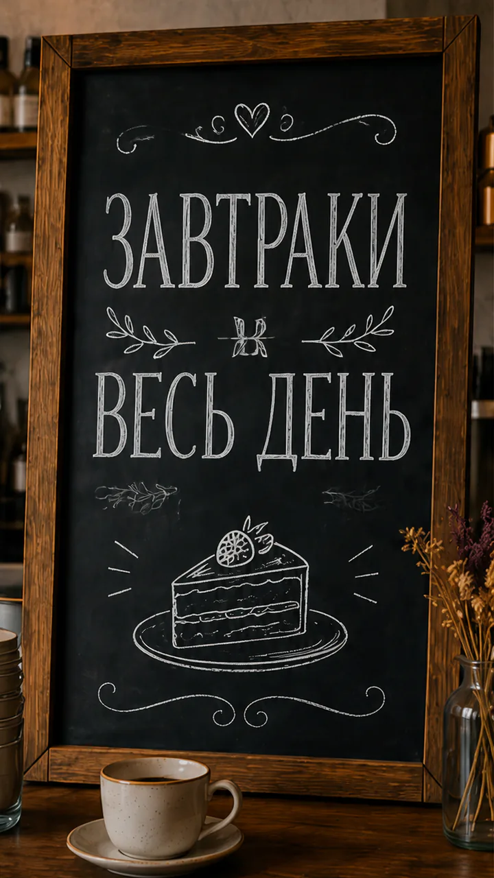 Меловое меню кафе с текстом ЗАВТРАКИ ВЕСЬ ДЕНЬ после редактирования