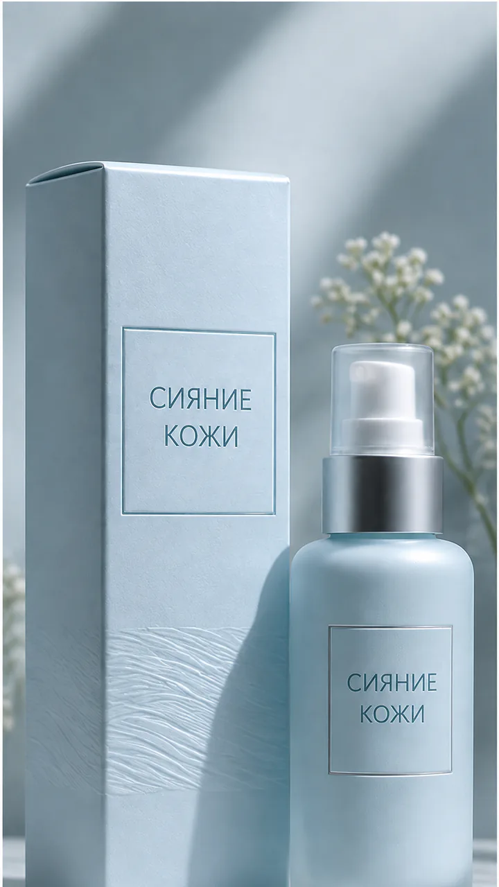 Коробка и флакон с русской надписью СИЯНИЕ КОЖИ