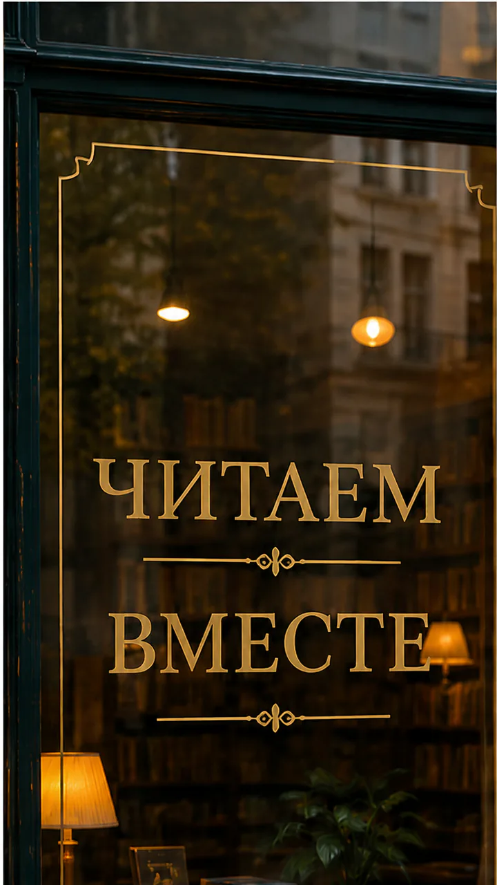 Книжная витрина с золотой надписью ЧИТАЕМ ВМЕСТЕ