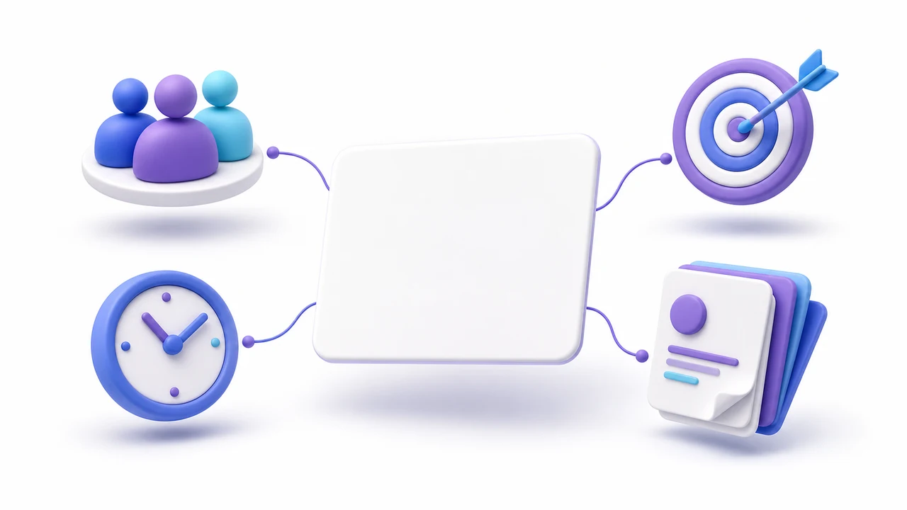 Светлая soft 3D схема с аудиторией, целью, временем и опорными фактами презентации
