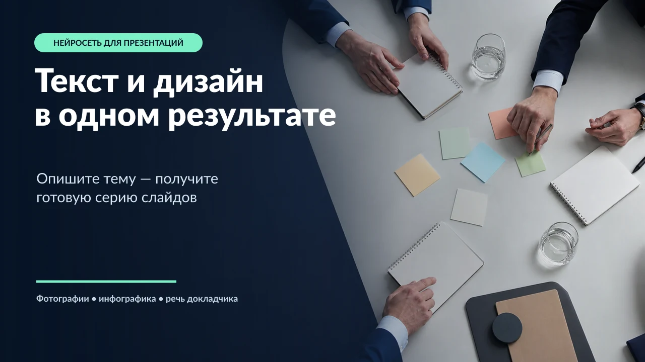 Титульный слайд с фотографией рабочего стола и сообщением о создании текста и дизайна презентации