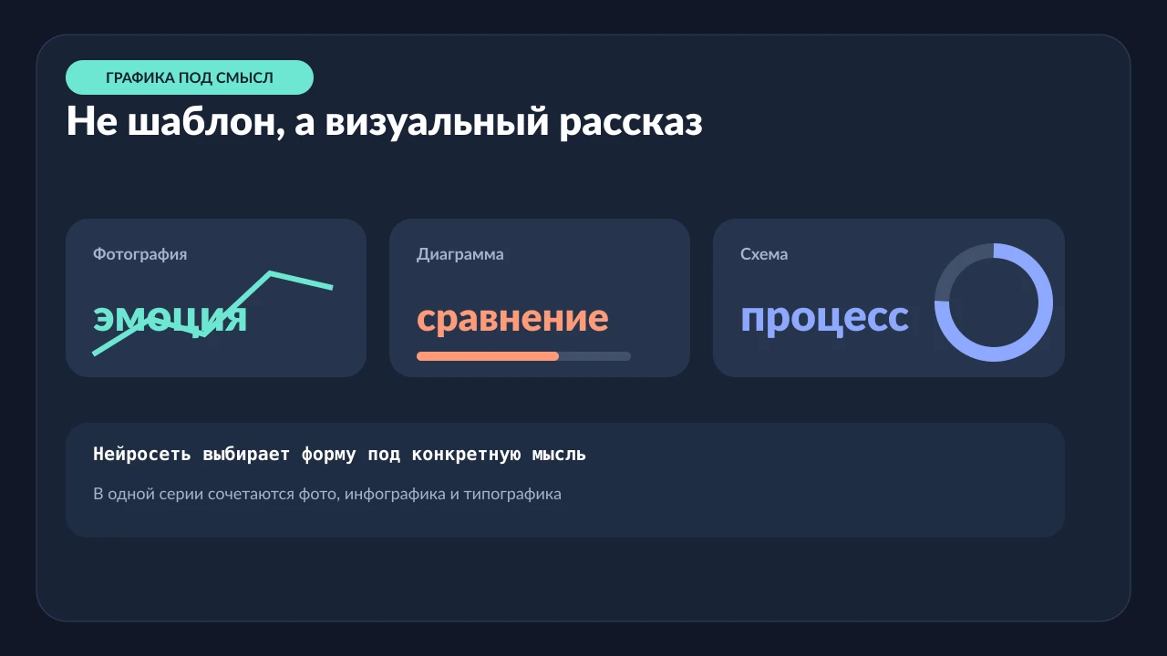Тёмный аналитический слайд с примерами фотографии, диаграммы и схемы процесса