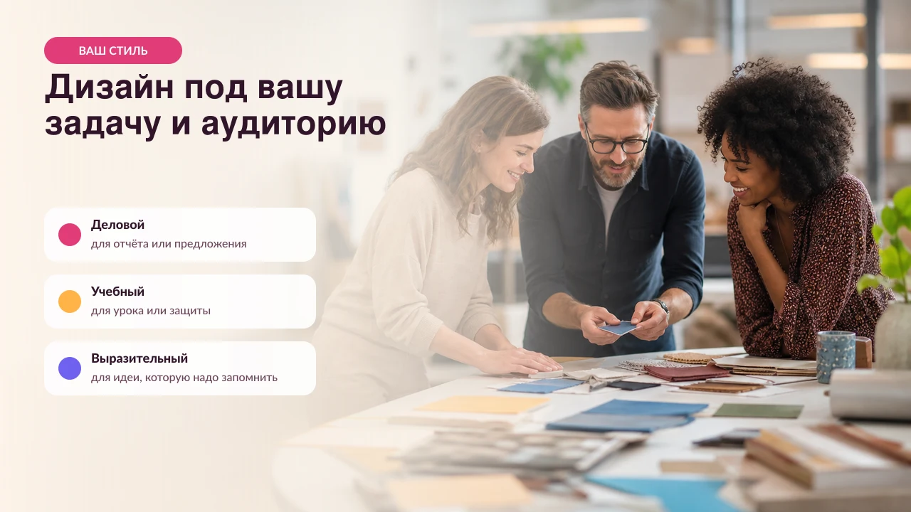 Слайд с фотографией рабочей команды и тремя вариантами стиля презентации