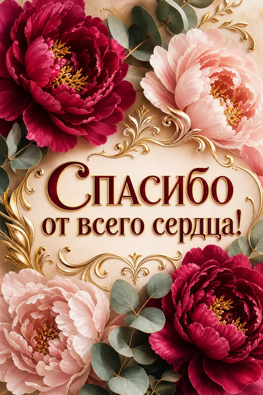 Светлая открытка с мягкими цветами и короткой благодарностью близкому человеку