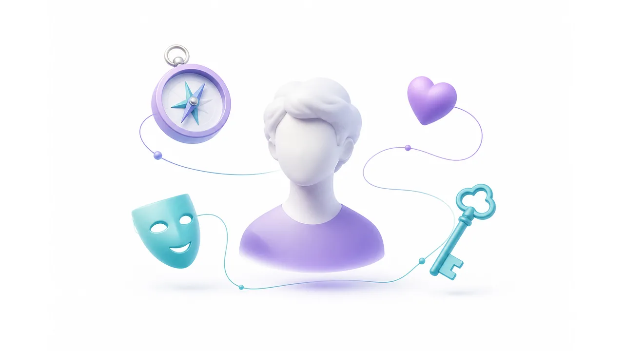 Светлая soft-3D композиция с силуэтом, компасом, маской, сердцем и ключом
