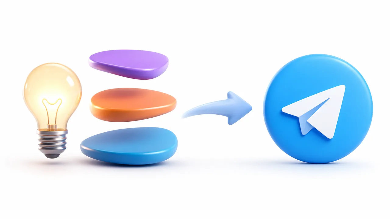 Белая 3D инфографика с логотипом Telegram и карточками идеи текста и призыва
