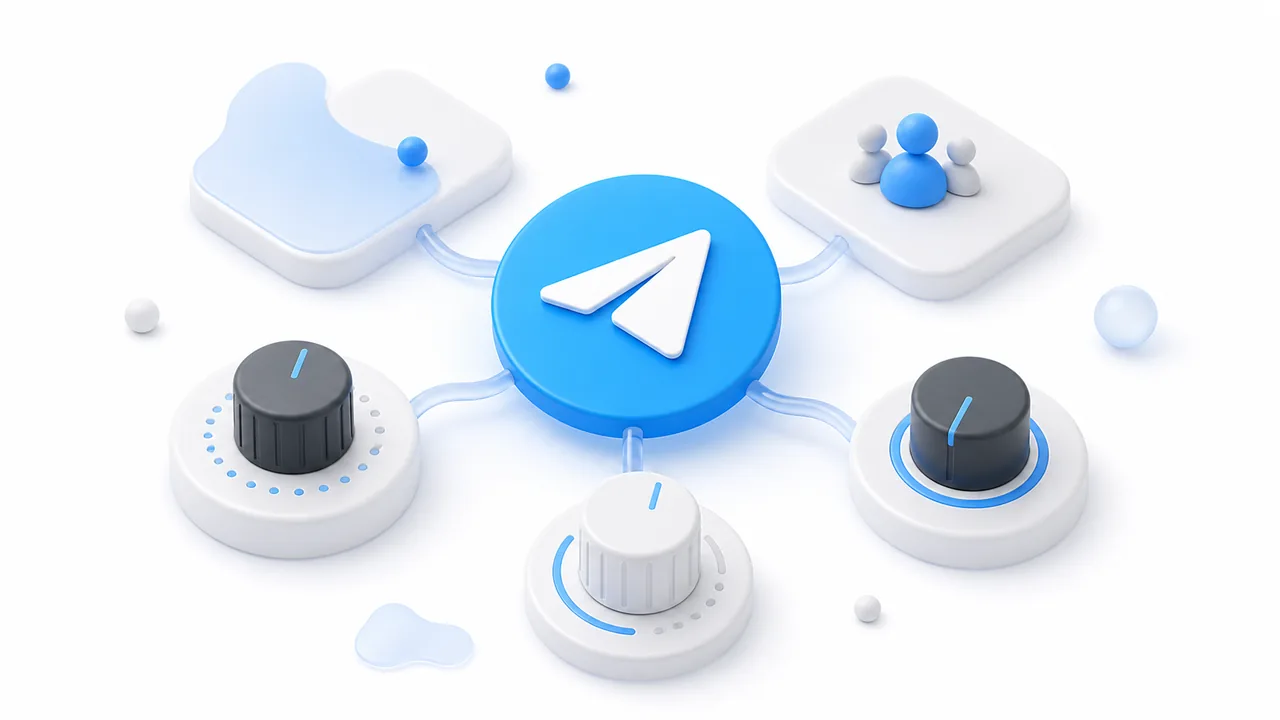 Белая 3D схема с логотипом Telegram и настройками тона смысла и призыва