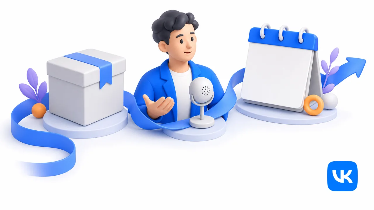 Коробка товара, эксперт с микрофоном и календарь события рядом с официальным логотипом VK