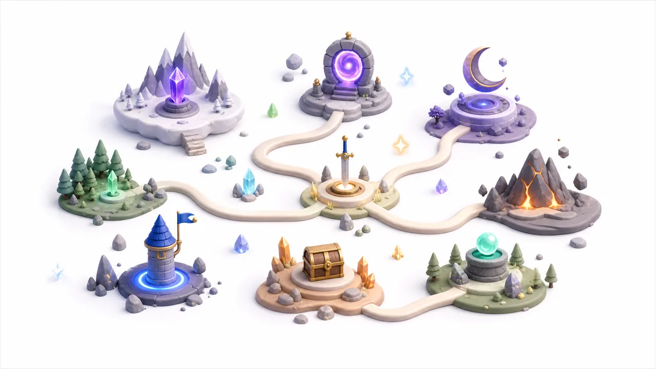 3D карта сюжета, игровые узлы и путь героя на белом фоне