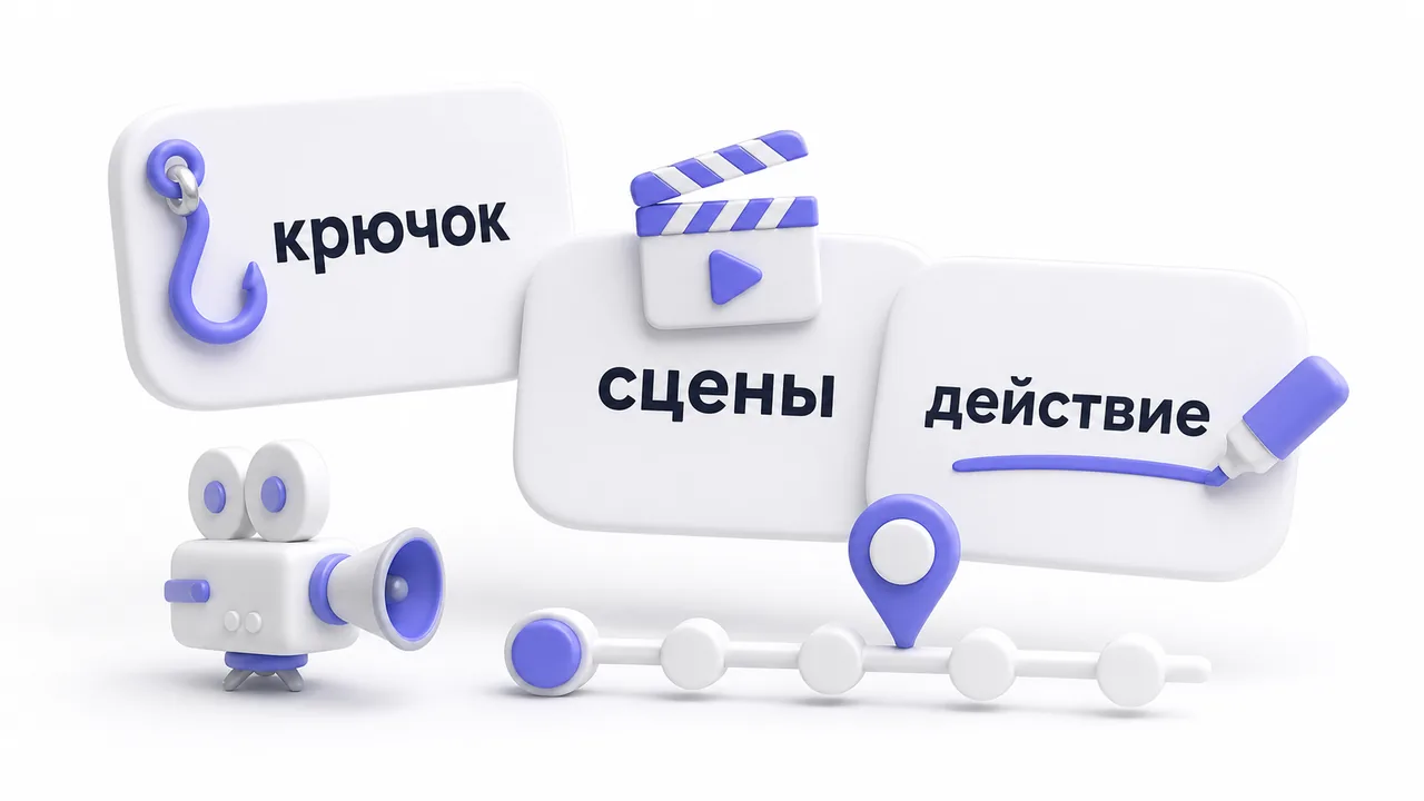 Белая 3D инфографика с коротким сценарием рилс кадрами крючком и финальным призывом