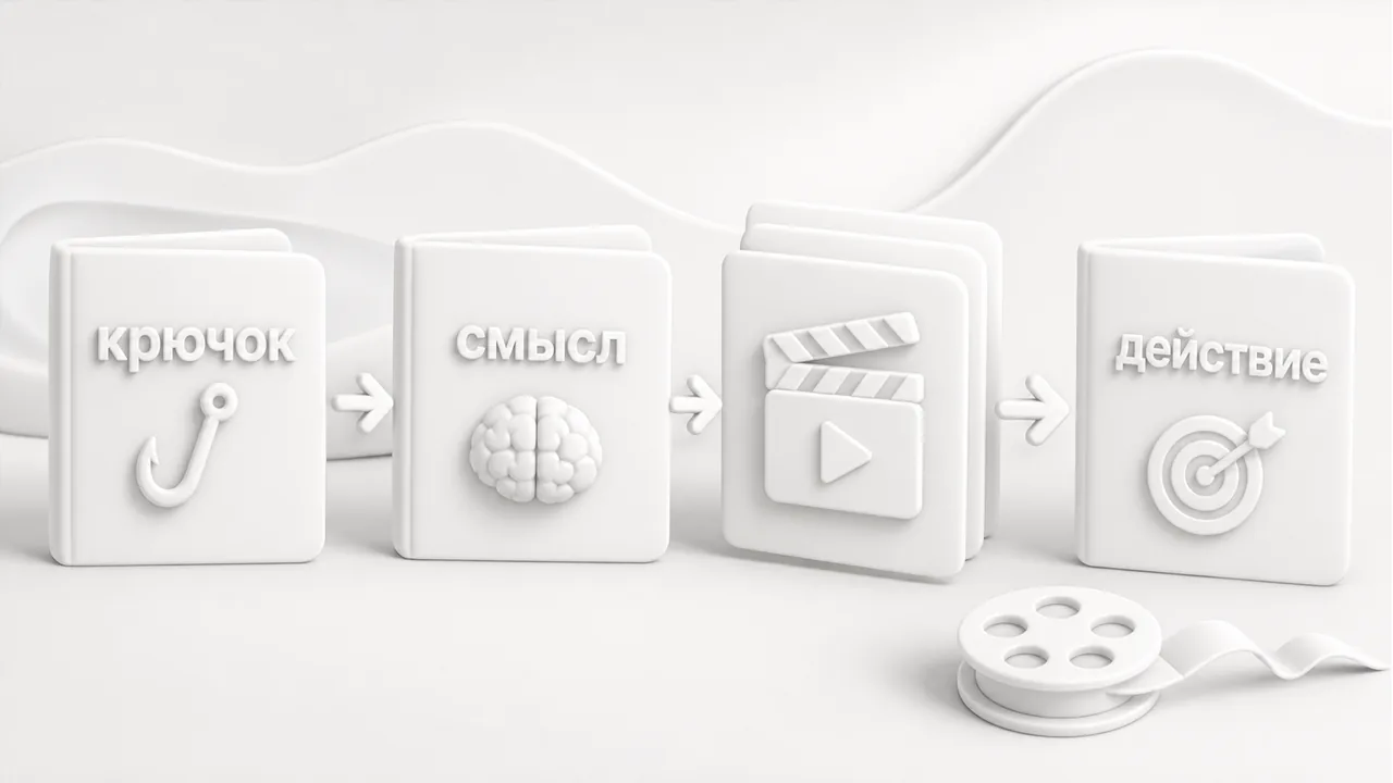 Белая soft 3D схема короткого ролика с крючком кадрами смыслом и действием