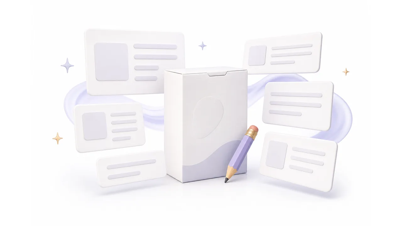 3D товарная коробка, витрина с карточкой и мягкие акценты на белом фоне