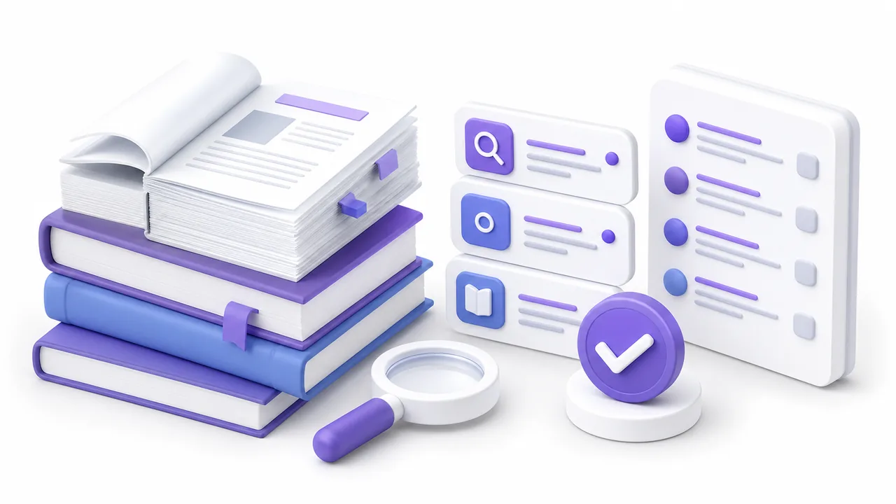 Белая soft 3D инфографика с книгами, карточками источников, проверкой ссылок и списком литературы