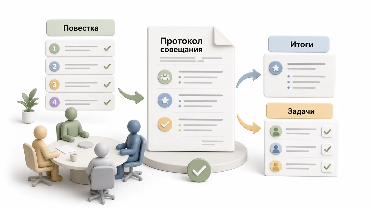 Инфографика с повесткой, участниками, договорённостями и задачами в деловом документе