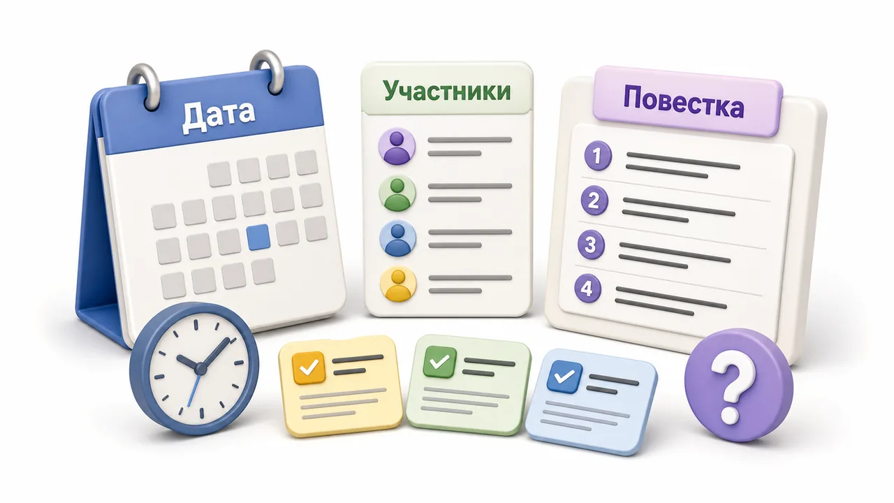 Инфографика с полями дата, раздел, присутствующие, повестка, позиции и вопросы