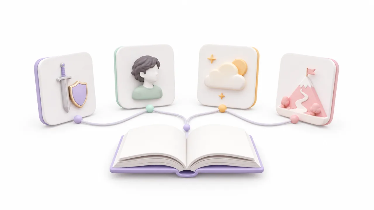 Белая 3D композиция с книгой, карточками жанра и мягкой линией повествования