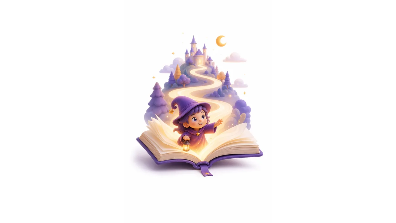 Белая 3D инфографика с открытой книгой, мягким светом и сказочным персонажем