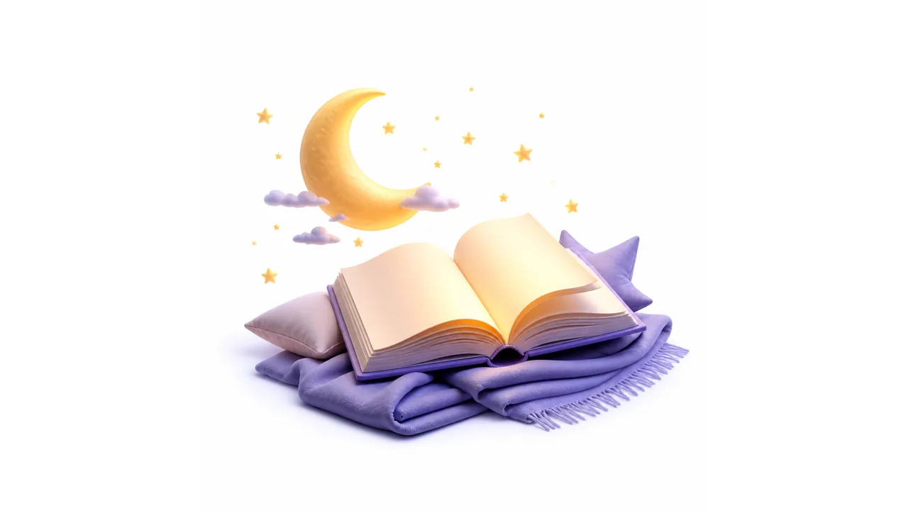 Минималистичная 3D композиция с книгой, луной, звёздами и спокойным вечерним настроением