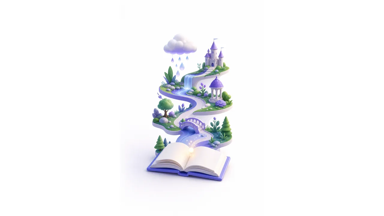 Минималистичная 3D сцена с облаком, садом, светлыми каплями и раскрытой книгой