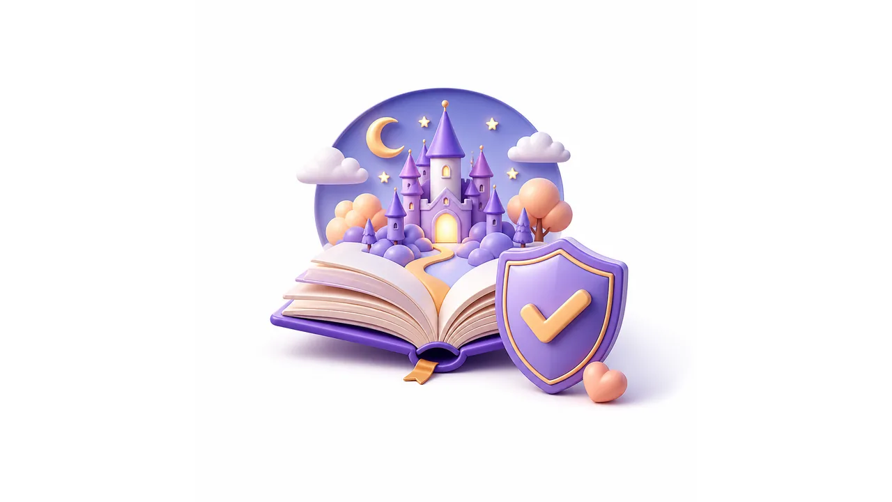 Белая 3D инфографика с книгой, мягкой отметкой проверки и спокойным сказочным финалом
