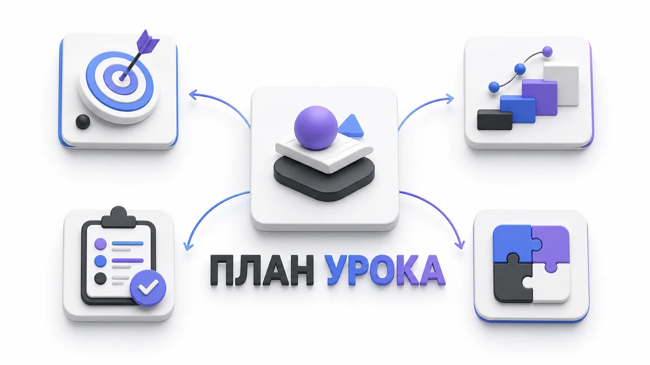 Инфографика с темой занятия, целью, этапами урока и заданиями на белом фоне
