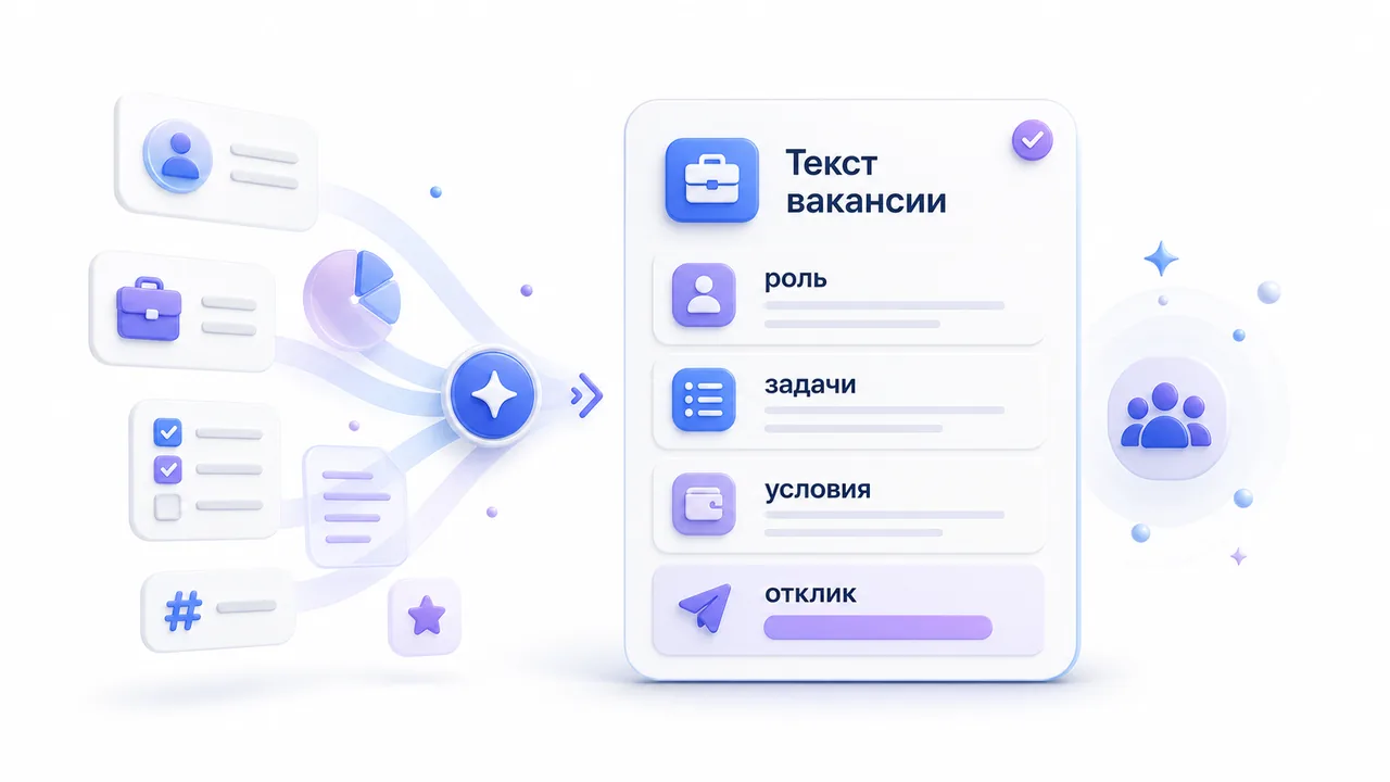 Инфографика с карточкой должности, требованиями и готовым текстом вакансии